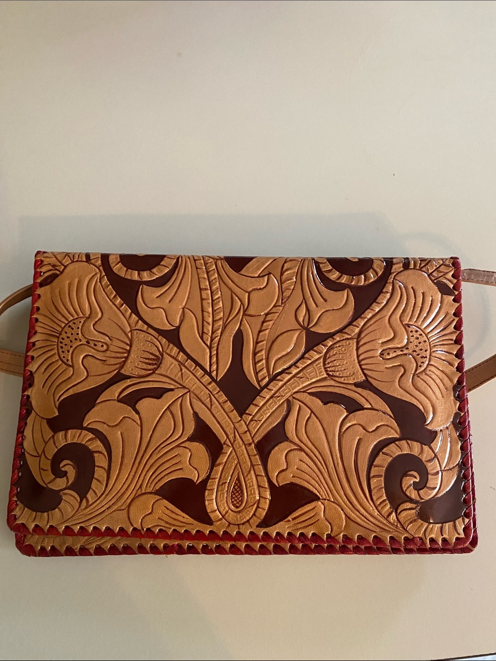 Hand-Tooled Floral Leather Crossbody Bag in Tan and Brown